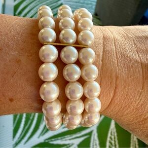 Faux Pearl Bracelet 3 Strands with Goldtone Scallop Shaped Detailing at Clasp 7”